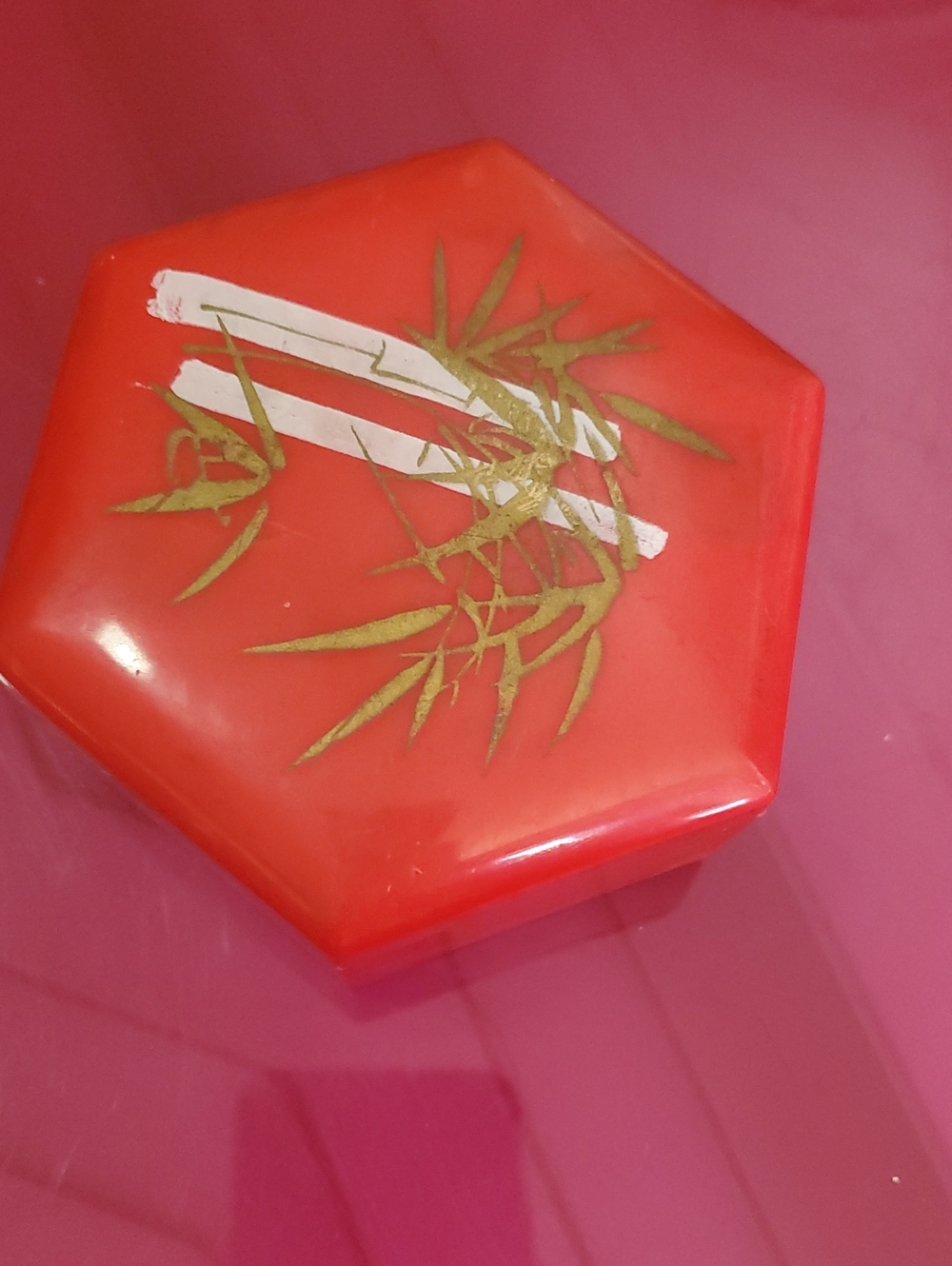 Red Hexagonal Decorative Trinket Box with Gold Bamboo Motif